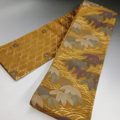 半幅帯 長尺 笹 紅葉 黄土×金糸 ♯5117