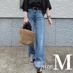 M デニム　ハイウエスト　デニム　ワイドパンツ　フランジ　脚長効果 細見え 安い