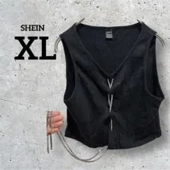 SHEIN【XL】ビジュー付きノースリーブ 黒 Vネック リブ編み 華やか
