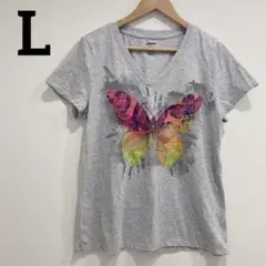 美品✨【L】バタフライプリント 半袖 Vネック Tシャツ グレー 蝶々デザイン