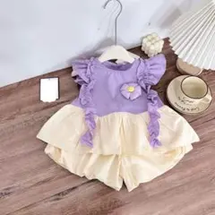 フリル付き紫とクリーム色の子供服セット 2 years old