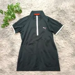 【PUMA】ブラック 半袖ポロシャツ (M) ハーフジップ ワンポイントロゴ