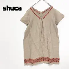 shuca シュカ 麻100% 刺繍　ワンピース Vネック 半袖 春夏 ライン