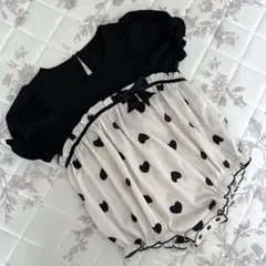 白黒　ロンパース　ベビー　りぼん　ハート　パフスリーブ　女の子　半袖