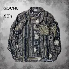 90s GOCHU アートデザイン 総柄レーヨンシャツ 長袖 バンドカラー