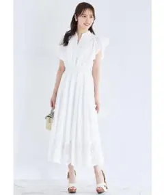 tocco りぼん付きスキッパー裾パネルレースコットンワンピース オフホワイト