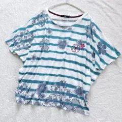 雅結 ボーダー×和風花柄 Tシャツ カットソー トップス ゆったりM