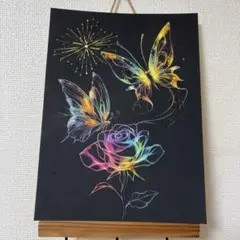 スクラッチアート完成品　蝶とバラ