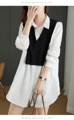秋コーデ 白 黒 ホワイト シャツ 七分袖 シャツワンピ 韓国 冬服 ホワイト