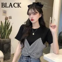 レイヤード　ビスチェ　重ね着風　ストライプ　Tシャツ　オルチャン　可愛い　デート