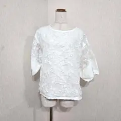 ナチュラルミスト レース刺繍プルオーバー 七分袖（F）ゆったり