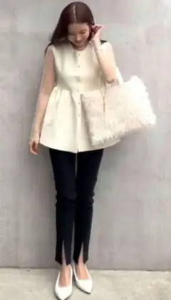 しまむら manaoコラボ ペプラム ニットベスト M アイボリー