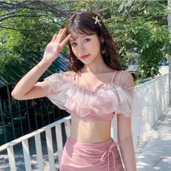 ピンク 水着 レディース L バンドゥ風 フリル 2点セット 韓国