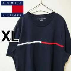 トミーヒルフィガー ネイビー 半袖Tシャツ 刺繍ロゴ 人気デザイン 男性XL