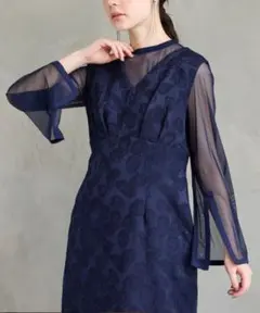 aimer シアー　ジャガードVネックドレス　ネイビー　ワンピース　niana