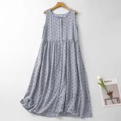 夏服コーデ☆ラウンドネック ドット柄 ノースリーブ ジャンパースカート ロング