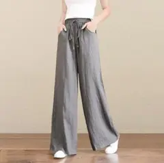 新品 ワイドパンツ ゴムウエスト ダークグレー 綿麻 リネン風 ナチュある 春夏