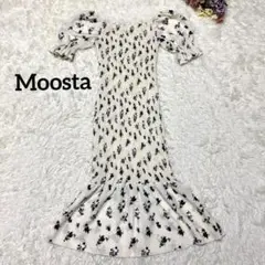 a1218【Moosta】花柄ロングワンピース フレア 白 パフスリーブ S