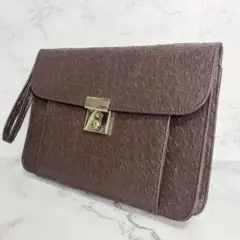 B413【美品】オーストリッチ風クラッチバッグ　ダークブラウン
