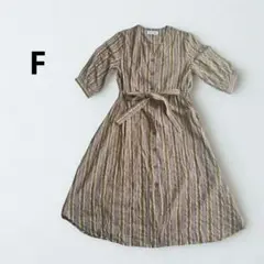 【美品】F　ストライプ シャツワンピース 半袖　ノーカラー　リゾート　膝下丈