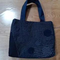 パッチワークトートバッグ 絣　古布　藍染めダークブルー