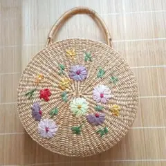 花柄刺繍の円形かごバッグ レトロ