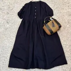 マタニティ リネン混 ロングワンピース 薄手 エンジェリーべ M〜L ネイビー