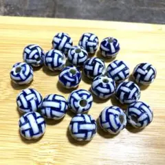 陶器ビーズ とんぼ玉 青絵 染付 模様入りビーズ 約13mm 20個セット n6