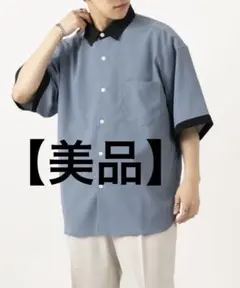 【美品】ブルー半袖シャツ 黒襟 ポケット付き