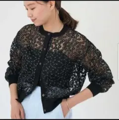 シアー　レース　フラワー　カーディガン　ブラック