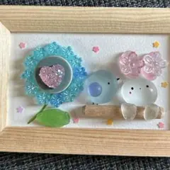 幸せの青い鳥とうさぎ　シーグラスアート　mini