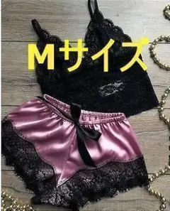 ブラ&ショーツセット 黒紫 ブラックパープル Mサイズ