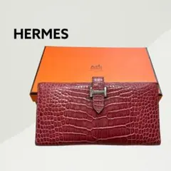 エルメス 刻印□F アリゲーター エキゾチックレザー Hロゴ金具 ベアン 財布