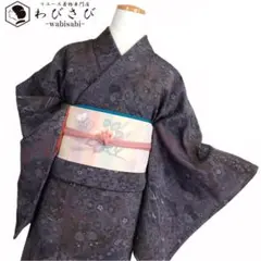 K-1804 小紋 泥土染 濱縮緬 残布付 小花柄 雲と亀甲柄 しつけ糸