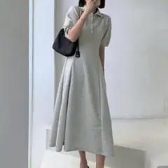 ポロ衿　フレアロングワンピース　グレー　M