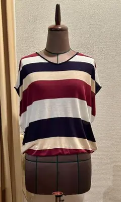 OZOC◆サマーニット◆半袖◆オゾック◆前後着用可◆フレンチ◆ボーダー◆Vネック