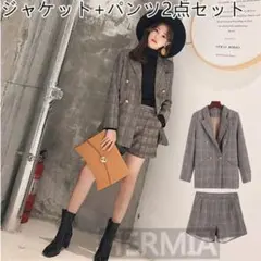 春秋レディース チェック柄 ジャケット セットアップ 上下セット ショートパ68