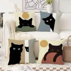164 ネコ柄 黒猫柄 クッションカバー 4枚 黒猫 お洒落 可愛い リビング