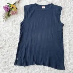 EDWIN　コットン混　ノースリーブ　タンクトップ　リブニット　ネイビー　L