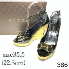 美品 グッチ ホースビット サンダル ウェッジソール 厚底 ダークグリーン