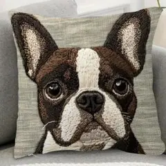 新品 クッションカバー 刺繍風 プリント 犬 動物 リアル フレンチブルドッグ