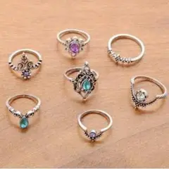 激安★豪華7点セット♪可愛いヴィンテージ系韓国リングセット♪キラキラお買得