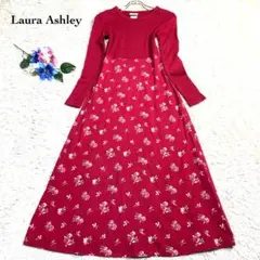 美品✨ローラアシュレイ マキシ丈Aラインワンピース 異素材♡薔薇 伸縮 S M