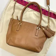 トリーバーチ 2WAY トートバッグ ブラウン タッセル ゴールドチェーン