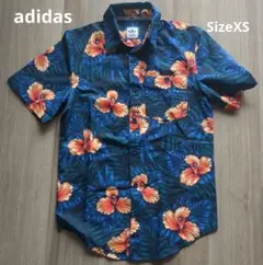 adidas アロハシャツ ネイビー ハイビスカス柄 半袖シャツ　XＳ