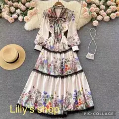 秋冬コーデ❤️ロングワンピース レディース ドレス 花柄 長袖 パーティー