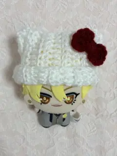 ちびぐるみ ぬい ぬい服 猫耳ニット帽 ホワイト×赤リボン 編み物 かぎ編み
