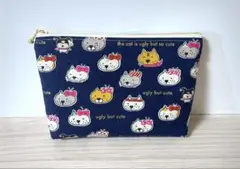 ハンドメイド　ポーチ　ブサかわリボンにゃんこ　猫　ネイビー