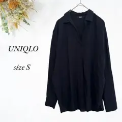UNIQLO 長袖スキッパーシャツ S ネイビー 薄手 無地 3560