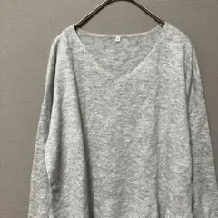 Ｖネックキャンディスリーブニット(M)シンプルグレー無地　ゆったり大人かわいい
